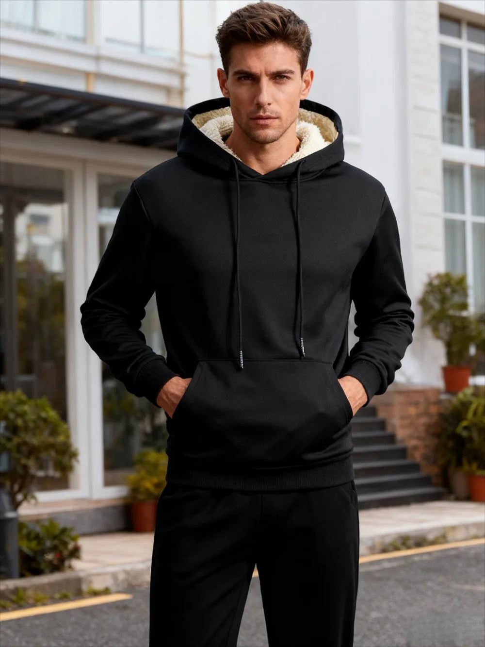 Winter Men's Fleece Hoodies Solid Color Casual Warm Long Sleeve Pullover New Crew Neck Hooded Sweatshirt Streetwear Men Clothing