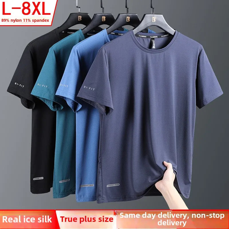 High-Quality Ice Silk T-Shirts Men Plus Size 8XL Male Tshirt Man Tee Shirt Breathable Wearing Tee Tops Running Fast Shipping