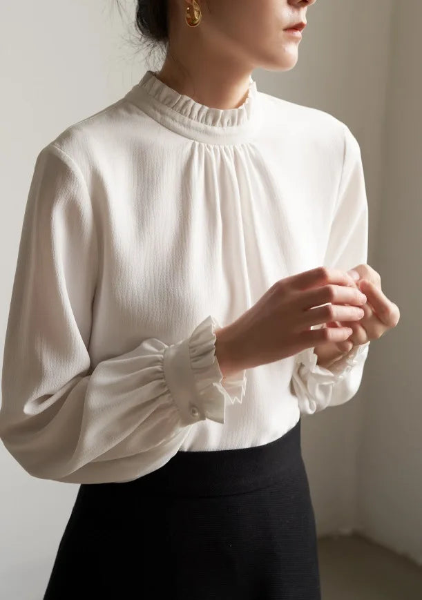 Ruffles Elegant Women Blouses Woman White Shirt Long Sleeve Shirts Office Lady Business Commuter  Solid Women Work Tops French