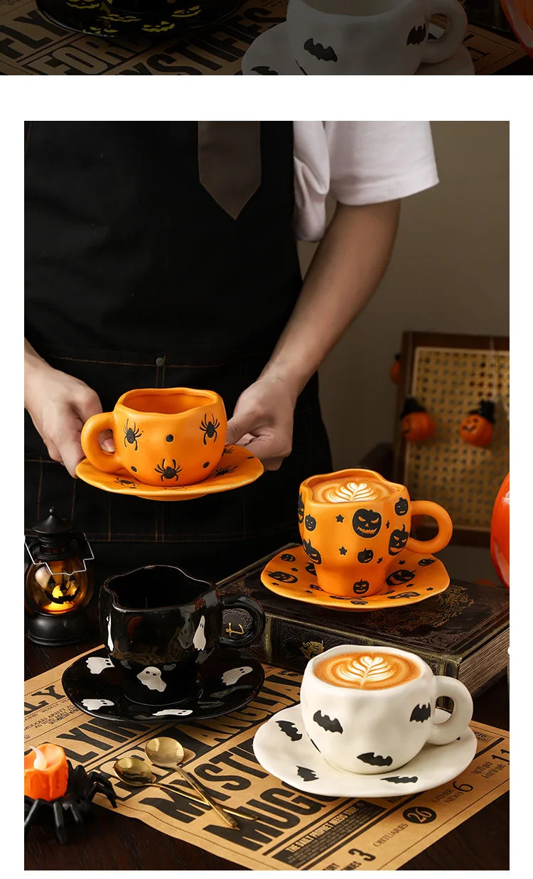 Creative Halloween-themed ceramic cups and saucers Irregular personalized coffee cups Coffee saucers Pumpkin bat pattern cups