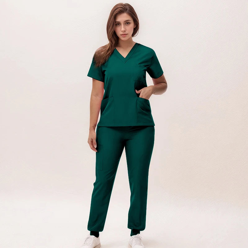 Short Sleeves Nurse Uniforms V-neck Top Jogger Pants  Women Surgical Scrubs Dentist Nursing Suit Pet Hospital Doctor Outfit S21