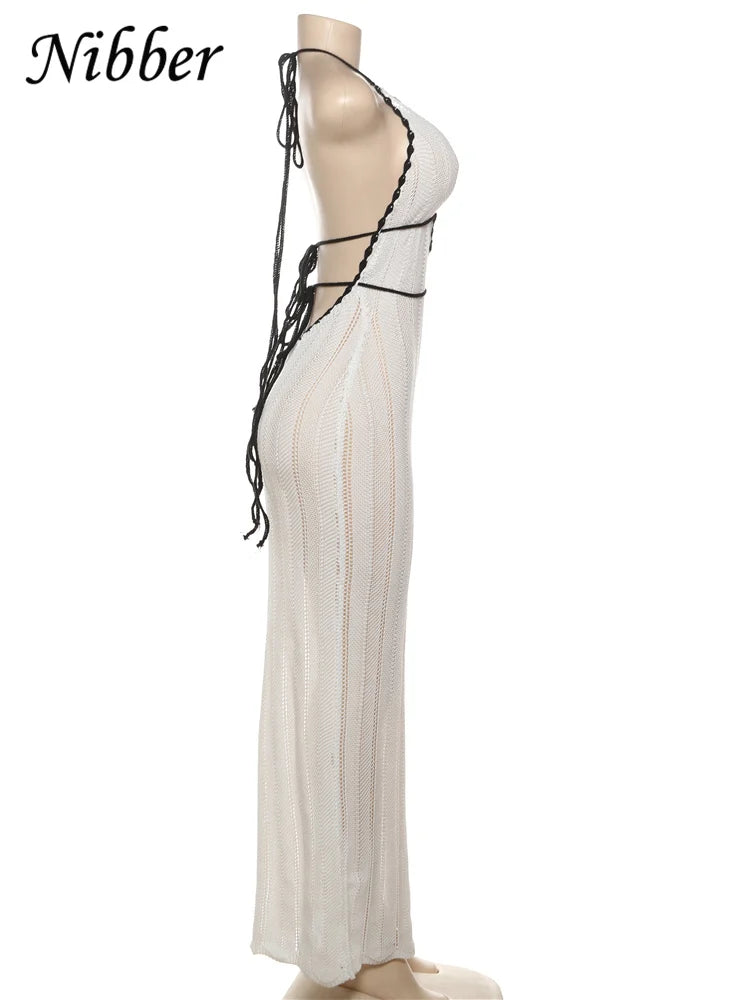 Nibber Sexy Elegant Halter Dress Women Summer Backless Lace-Up Color-Block Sleeveless Trendy Nightclub Wild Fashion Clothing