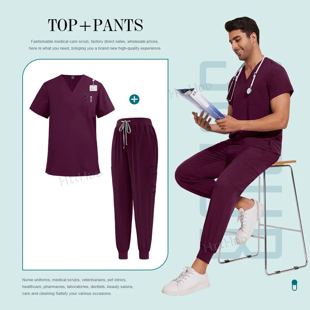 Scrubs Set Men Medical Uniforms Stretch Scrub Tops with Pocket Pants Nurse Uniform Doctor Surgery Overalls Beauty Salon Workwear
