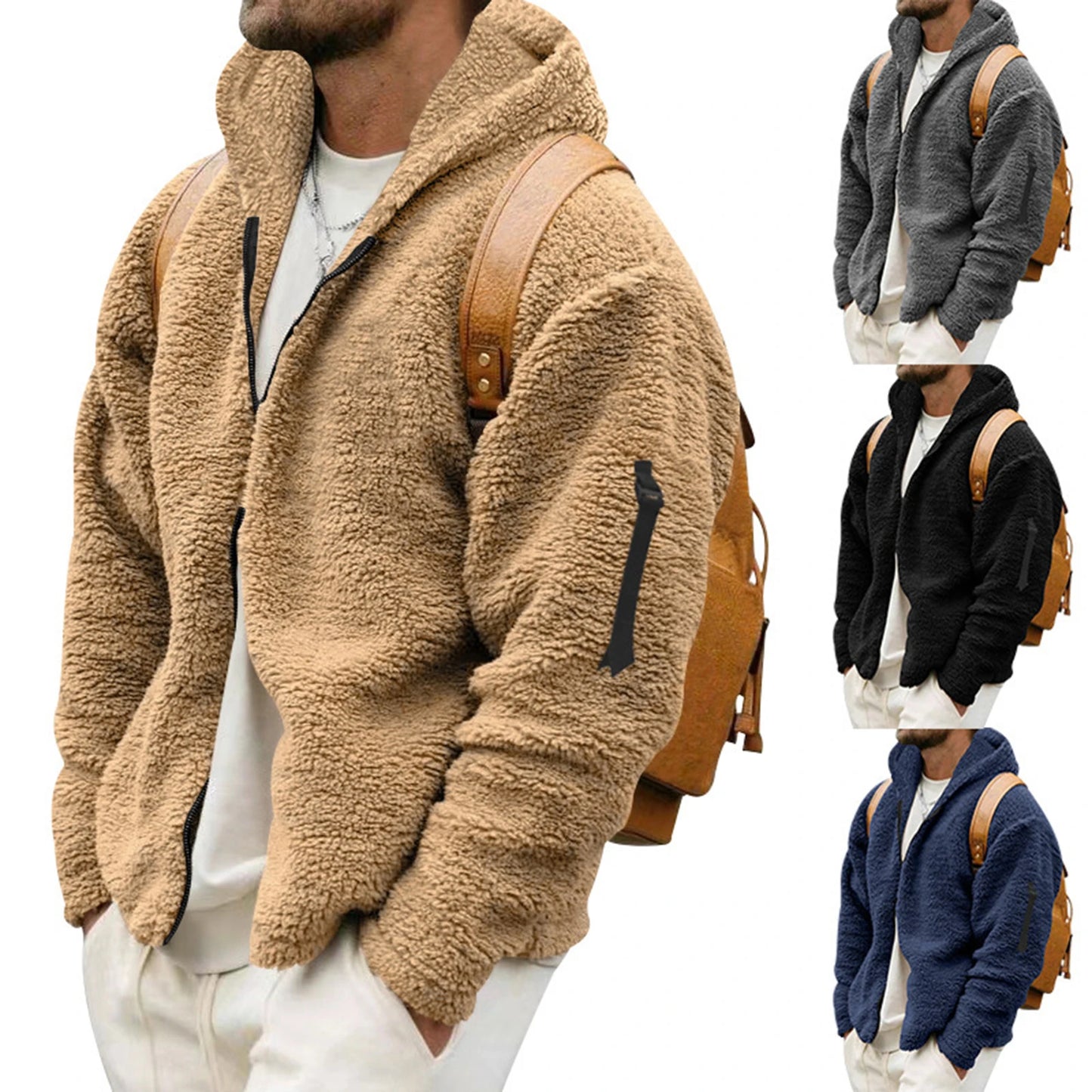 Winter Men'S Casual Loose Double-Sided Velvet Jacket Solid Color Zipper Hooded And Warm Jacket Suitable For Daily Wear