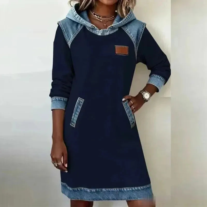 Winter Hoodies Sweatshirt Dress Autumn Pullover Denim Contrast Patchwork Hoodeder Dress Woman Casual Long Sleeve Pocket Dress