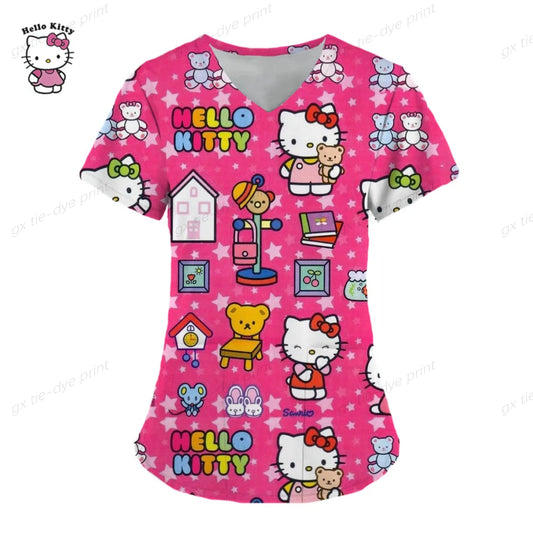 Hello Kitty Uniform Women's Cartoon Hello Kitty Print Nurse Work Shirt Pocket Gown Christmas Healthcare Nurse Scrubs