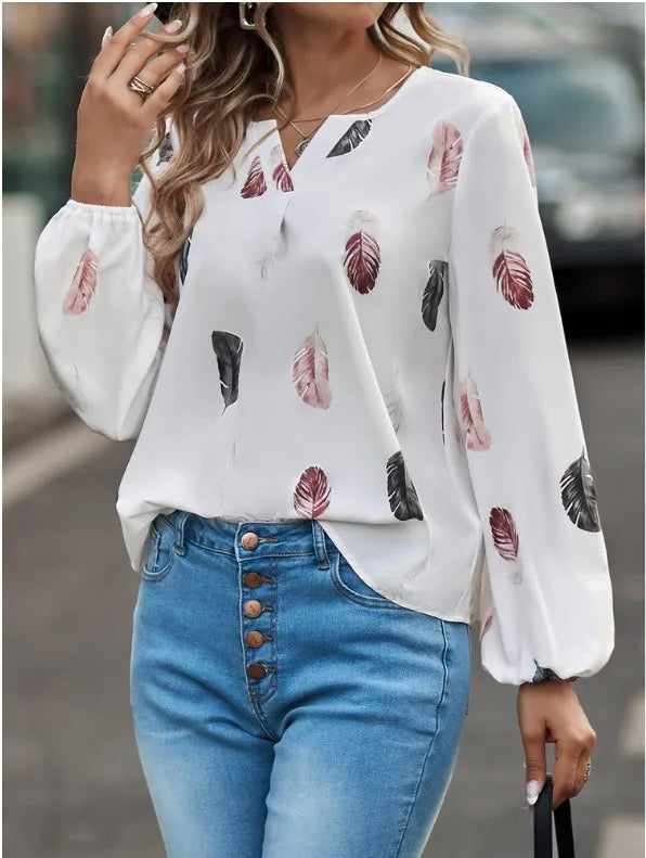 Plus Size Woman Blouse Shirts For Women Stylish Top long Sleeve Feather Pattern Female Tops Elegant Chiffon Mujer Woman Clothes