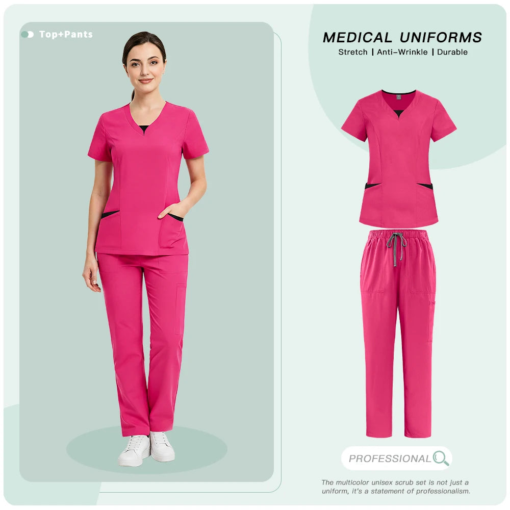 Medical Uniforms for V-neck Hospital Nurse Scrubs Set Women Doctor Workwear Oral Dental Surgery Work Top+Pants New Beauty Suit