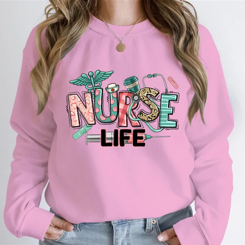 Woman Clothing Nurse Life Cartoon Classic Design Sweatshirts Nurse Gifts Autumn Hoodies Registered Nurse Gift Cartoon Sweatshirt