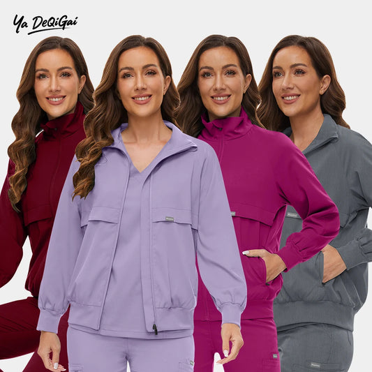 Scrub Jackets Warm Up Medical Scrub Jackets for Women Zip Front Long Sleeved Jacket Doctor Nursing Scrub Outerwear Workwear Tops