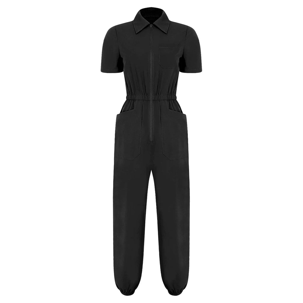 Women Scrub Jumpsuit Nurse Doctor Medical Esthetician Workwear Short Sleeve Multi-pockets Elastic Waist Jogger Pants Rompers