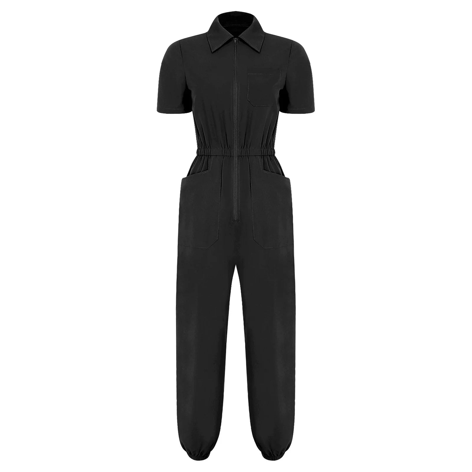 Women Scrub Jumpsuit Nurse Doctor Medical Esthetician Workwear Short Sleeve Multi-pockets Elastic Waist Jogger Pants Rompers