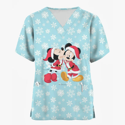 2024 Disney Uniform Women's Cartoon Stitch Print Nurse Work Shirt Pocket Gown Christmas Healthcare Nurse Scrubs