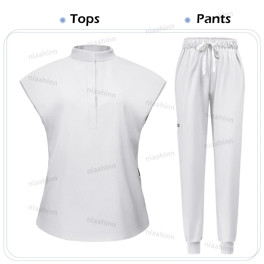 Niaahinn Scrubs Hot Sales Jogger Scrub Sets Women Solid Color Breathable Work Clothes Lab Coat Uniform Hospital Doctor Work Wear