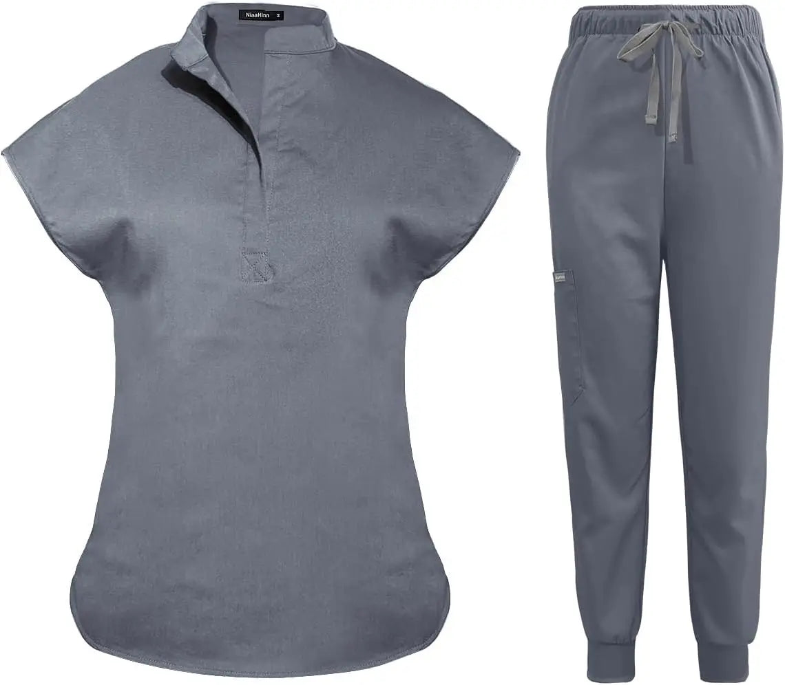 niaahinn Scrubs Set for Women Nurse Uniform Jogger Suit Stretch Top & Pants with Multi Pocket for Nurse Esthetician Workwear