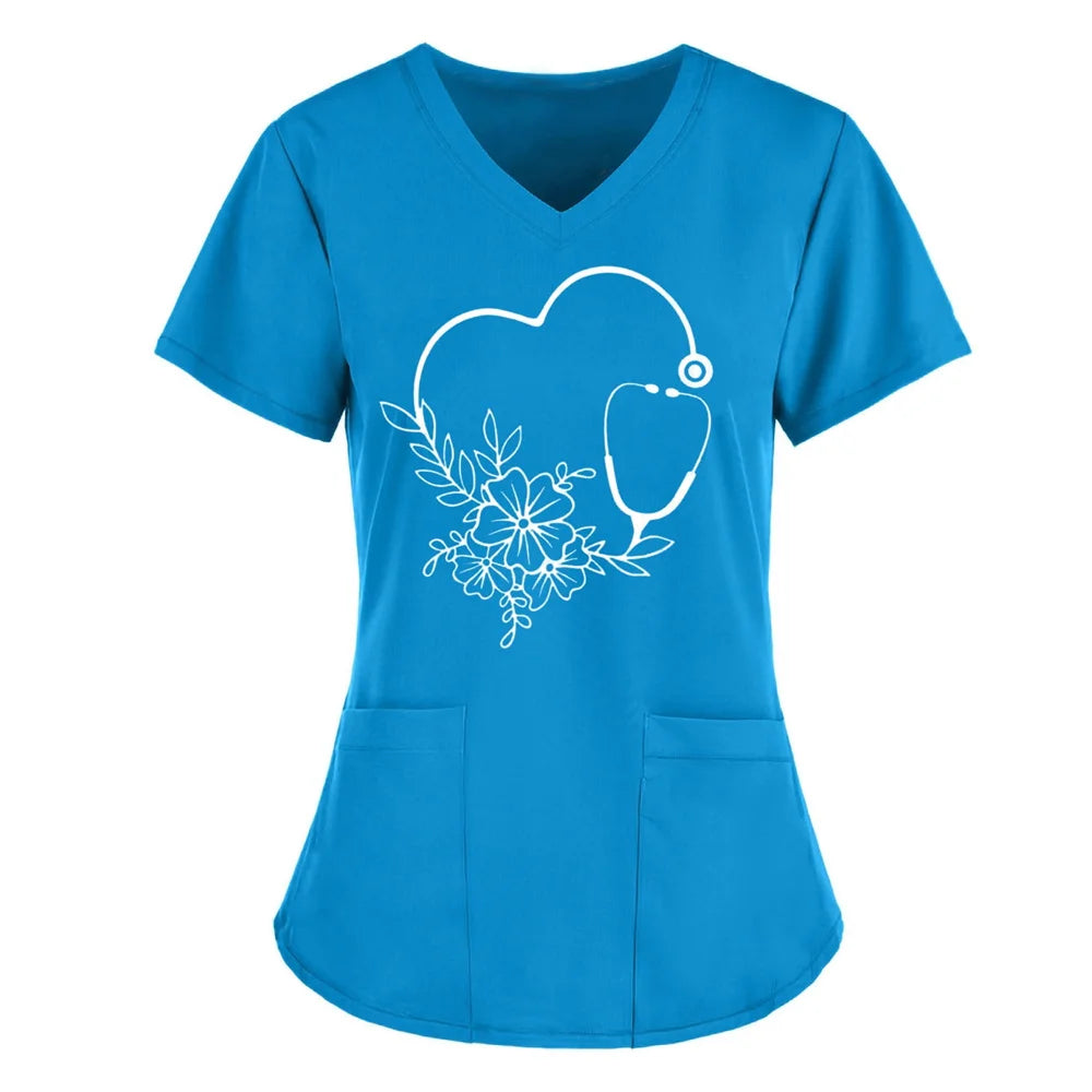Women T-shirt Working Uniform Print Pocket Pet Grooming Nurse Uniform Clothing Hospital Solid Short Sleeve Spa V-Neck Scrub Tops