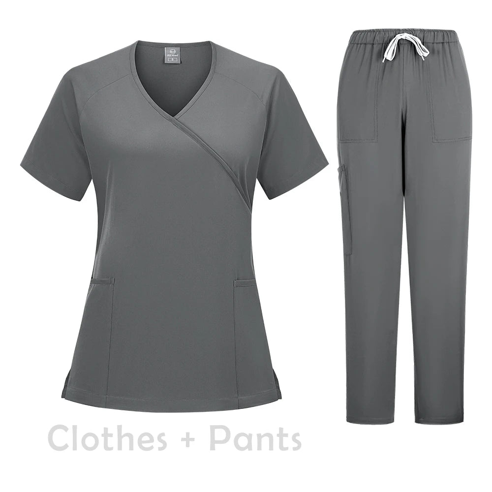 New Scrubs Set Medical Uniforms Stretch Scrub Tops with Pocket Pants Nurse Uniform Doctor Surgery Overalls Beauty Salon Workwear