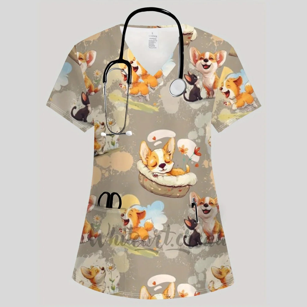 Clinical Uniform Woman Fashion V-Neck Vibrant Pockets T-Shirt Cute Cartoon Print Tops Summer Comfortable Vet Nurse Uniform Woman