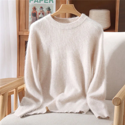 Autumn Winter Sweater Pullover Women's Clothing 100% Mink Cashmere Sweater Pullover O-Neck Basic Long Sleeve Warm Fleece Knitted