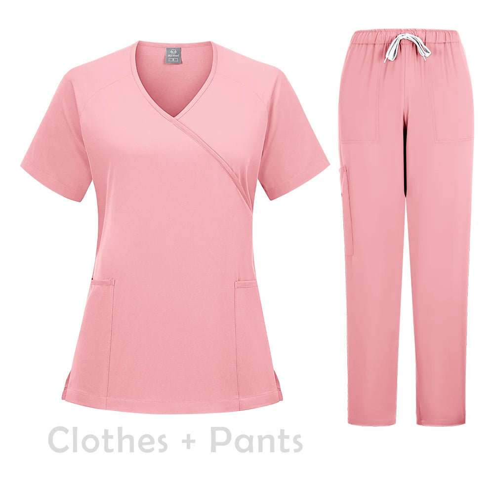 New Scrubs Set Medical Uniforms Stretch Scrub Tops with Pocket Pants Nurse Uniform Doctor Surgery Overalls Beauty Salon Workwear