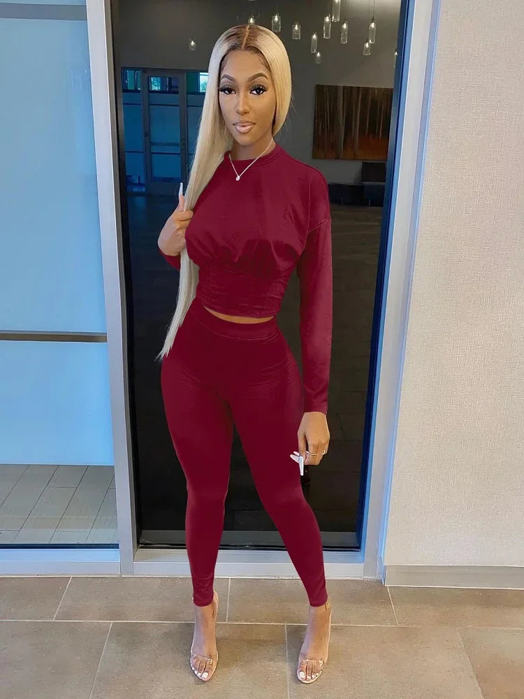 New Autumn Women's Pure Color Sports Waist Suit Fashion Casual Two-piece Set