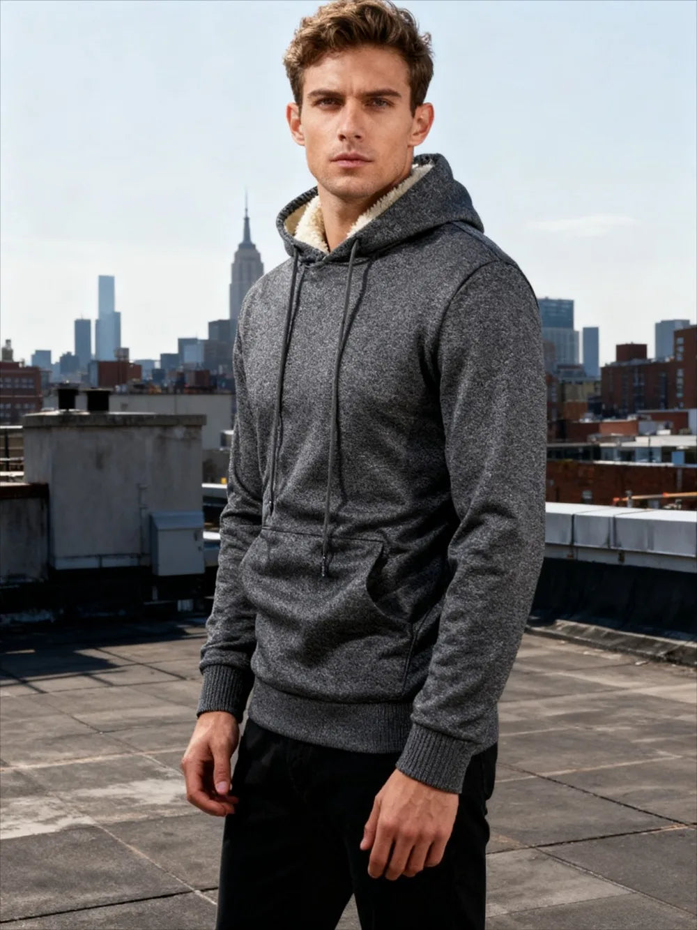 Winter Men's Fleece Hoodies Solid Color Casual Warm Long Sleeve Pullover New Crew Neck Hooded Sweatshirt Streetwear Men Clothing