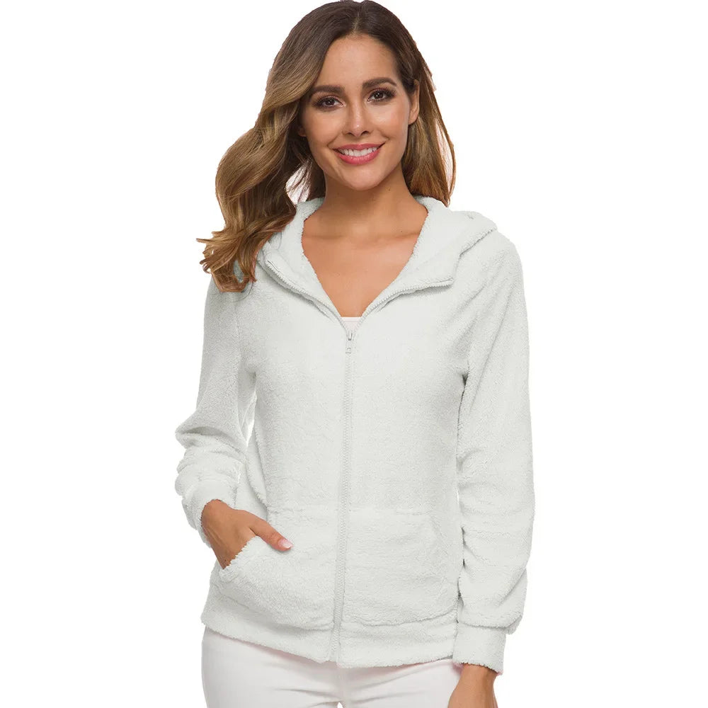 Autumn Winter Warm Jacket Women Hoodie Hooded Casual Female Hoodies Sweatershirt Zipper Coat Solid Soft Fleece Women Coat
