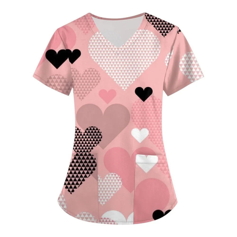 Clinical Uniform Woman V-Neck with Pocket Nurse Uniforms Comfortable Valentine's Day 3D Pattern Printed Women's Medical Uniform