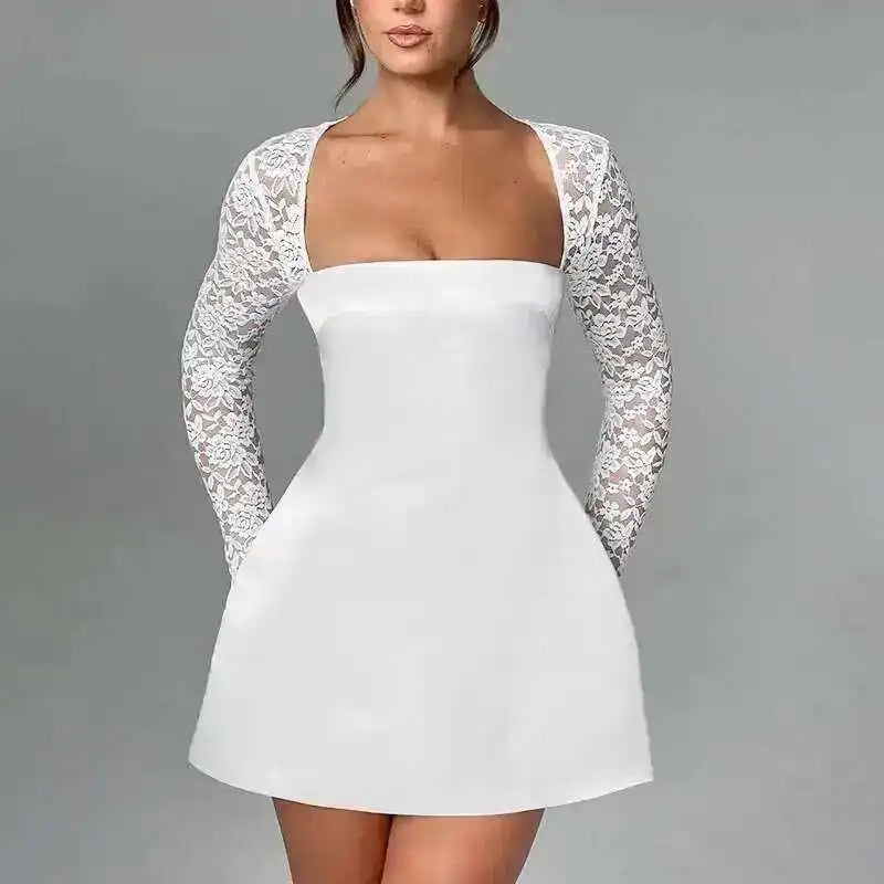 Townlike Lace Patchwork Waist Wrap A-line Dress Women Mini 2024 Autumn Winter Dress Backless Nightclub Sexy Party Dresses