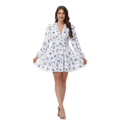 2025 New Women Summer Mini Dress Long Sleeve Flower Print Boho Dress Sexy V-Neck High Waist A-Line Dress Vestidos Clothes