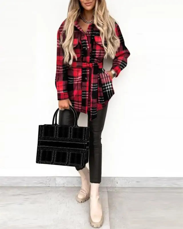Women's Fashion Autumn and Winter Blouses Jackets Strap Plaid Printed Woolen Jacket Ladies Casual Pockets Coats Clothing
