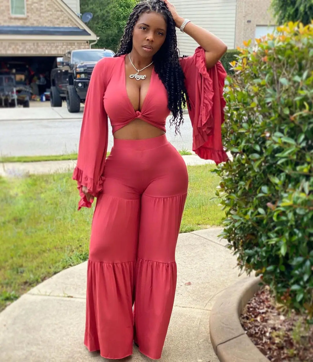 Casual Spring And Autumn For Women's Solid Color Long Sleeved Chest Wrap Top and Wide Leg Trousers Female Office 2 Piece Set
