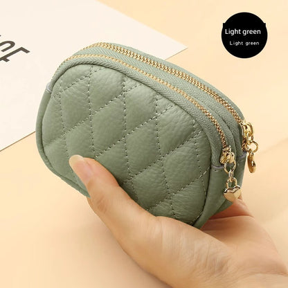2024 New Arrival First Layer Cowhide Quilted Embroidery Thread Key Ring Buckle Coin Bag Double Layer Zipper Genuine Leather Mini Purse Women