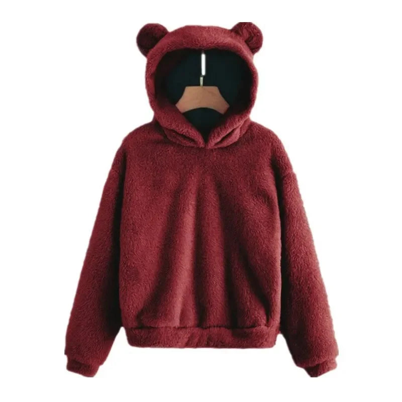 Autumn Winter Women's Hoodies Winter Women Long Sleeve Rabbit Ear Hood Sweatshirt Cute Plush Warm Casual Hoodie Tops