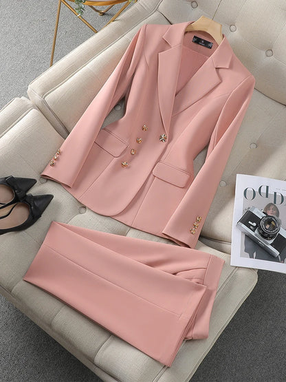Autumn Winter Pink Black Beige Women Pant Suit 2 Piece Set Ladies Female Business Work Wear Formal Blazer Jacket And Trouser