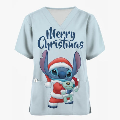 Nurse Uniforms Women Merry Christmas Print Short Sleeve Stitch Scrubs Working Medical Blouse Overalls Uniforms Medical Nursing