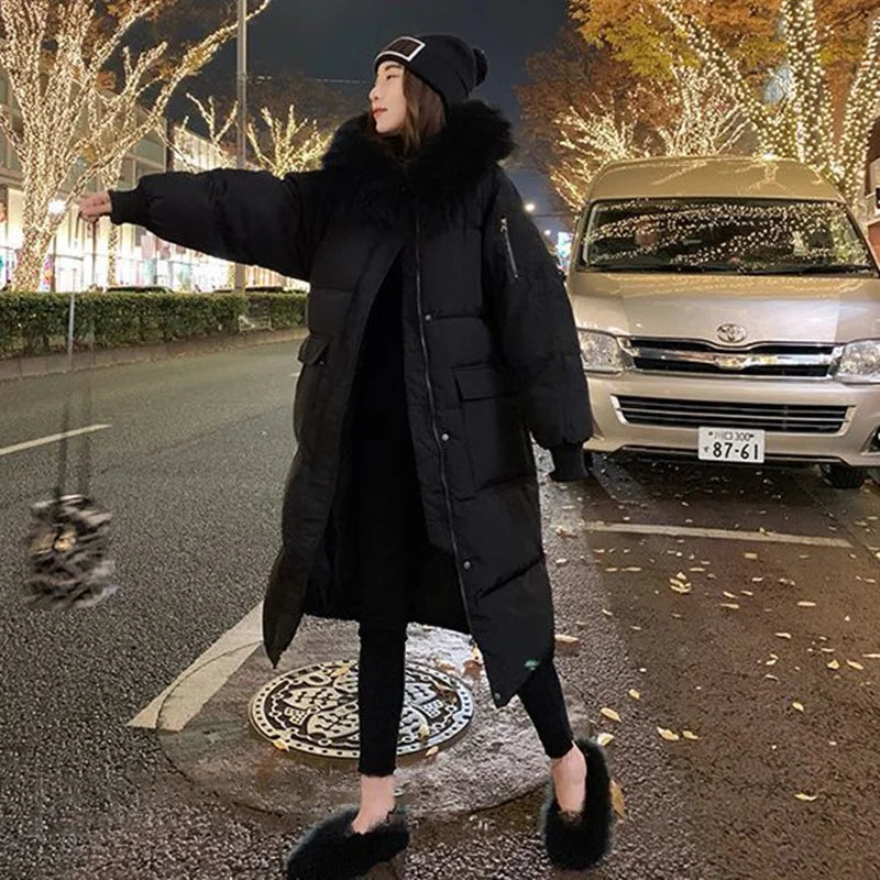 Winter Down Cotton Jacket Women's Winter Hooded Faux Fur Collar Coat Warm Parkas Snow Outwear Oversized Long Winter Jacket