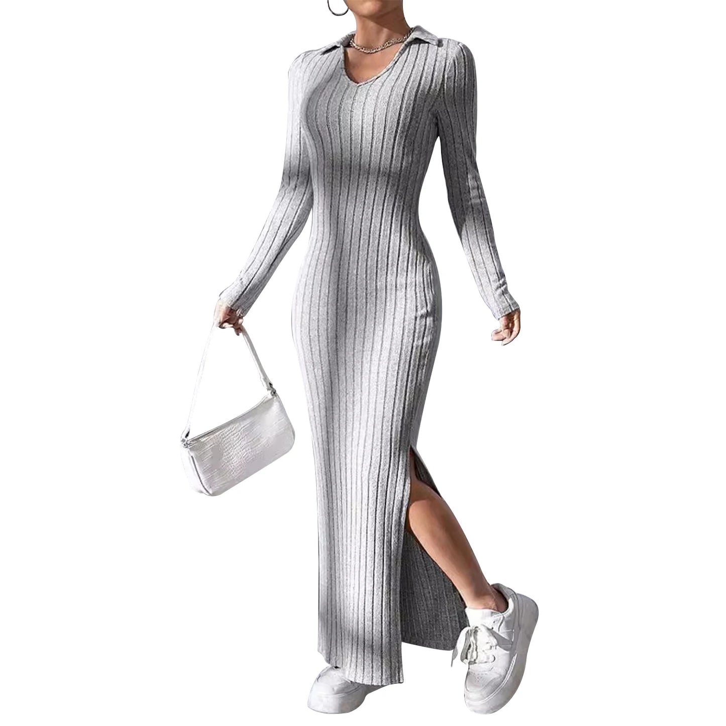 Women's Fall Winter Knitted Dress Long Sleeve Lapel Collar Solid Color Bodycon Long Dress Going Out Dress