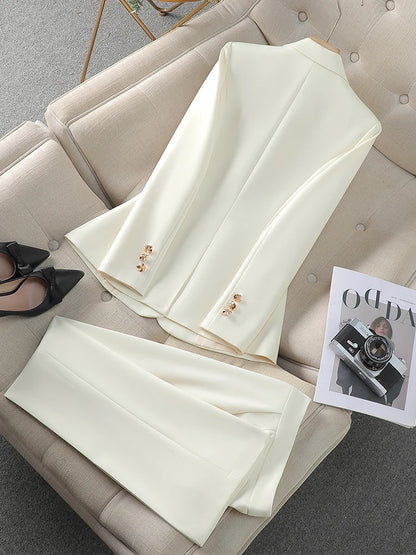 Autumn Winter Pink Black Beige Women Pant Suit 2 Piece Set Ladies Female Business Work Wear Formal Blazer Jacket And Trouser