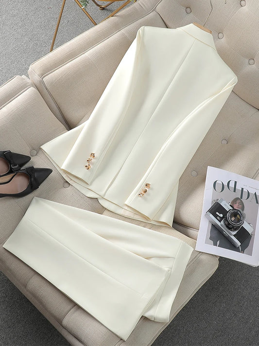 Autumn Winter Pink Black Beige Women Pant Suit 2 Piece Set Ladies Female Business Work Wear Formal Blazer Jacket And Trouser