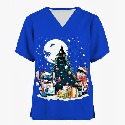 Nurse Uniforms Women Merry Christmas Print Short Sleeve Stitch Scrubs Working Medical Blouse Overalls Uniforms Medical Nursing