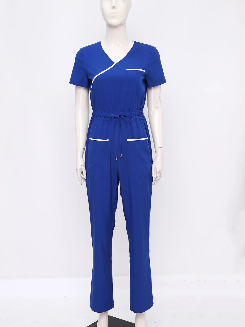 Women Scrub Jumpsuit Nurse Doctor Medical Esthetician Workwear Short Sleeve Multi-pockets Elastic Waist Jogger Pants Rompers