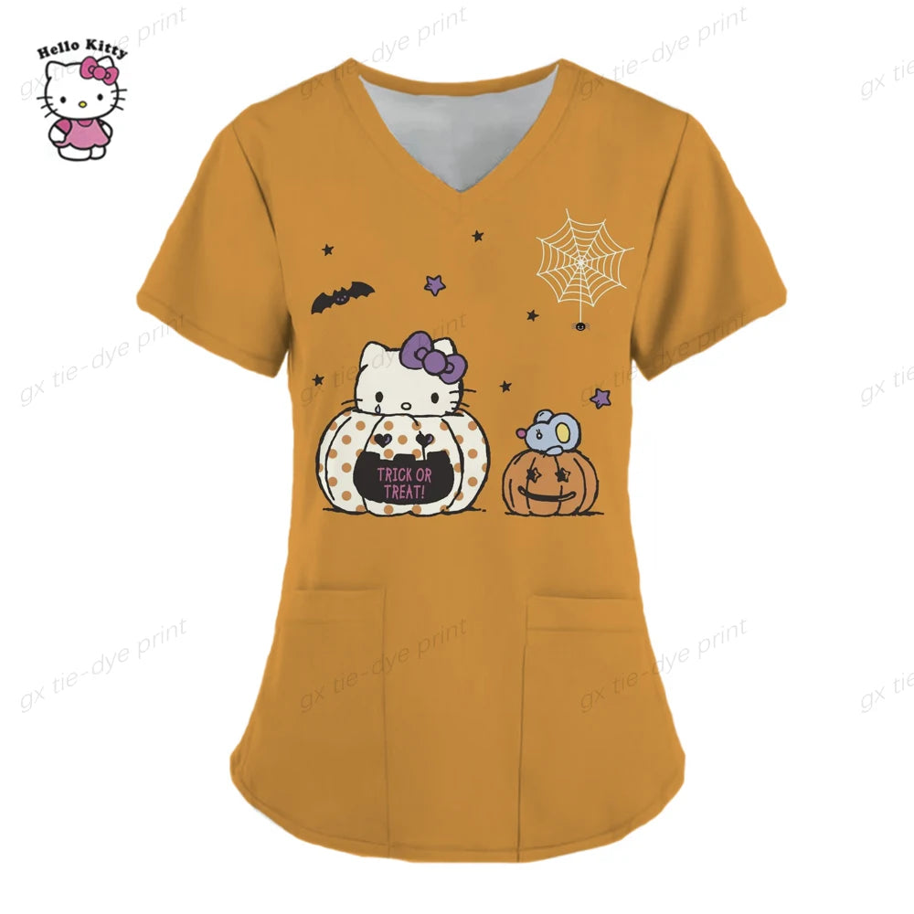 Hello Kitty Uniform Women's Cartoon Hello Kitty Print Nurse Work Shirt Pocket Gown Christmas Healthcare Nurse Scrubs