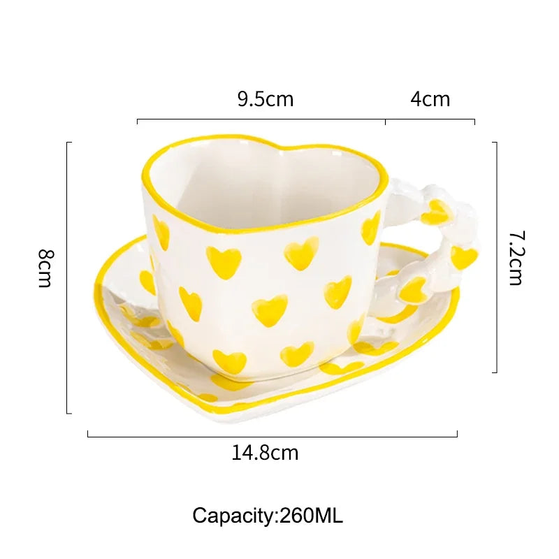 Cute Ins Style Heart Shape Coffee cup with Saucer Hand Painted Love Ceramics Mug Festival Gifts Afternoon tea Cup Breakfast cups