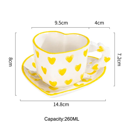 Cute Ins Style Heart Shape Coffee cup with Saucer Hand Painted Love Ceramics Mug Festival Gifts Afternoon tea Cup Breakfast cups