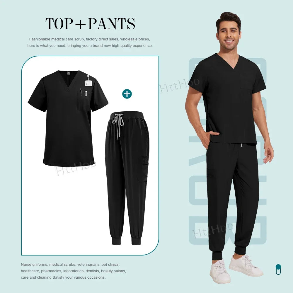 Scrubs Set Men Medical Uniforms Stretch Scrub Tops with Pocket Pants Nurse Uniform Doctor Surgery Overalls Beauty Salon Workwear