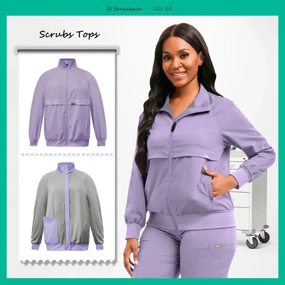 Long Sleeved Medical Scrub Jacket Pharmacy Uniform Women Solid Nurse Hospital Scrub Coat Surgical Uniforms Beauty Salon Workwear