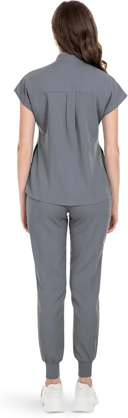 niaahinn Scrubs Set for Women Nurse Uniform Jogger Suit Stretch Top & Pants with Multi Pocket for Nurse Esthetician Workwear