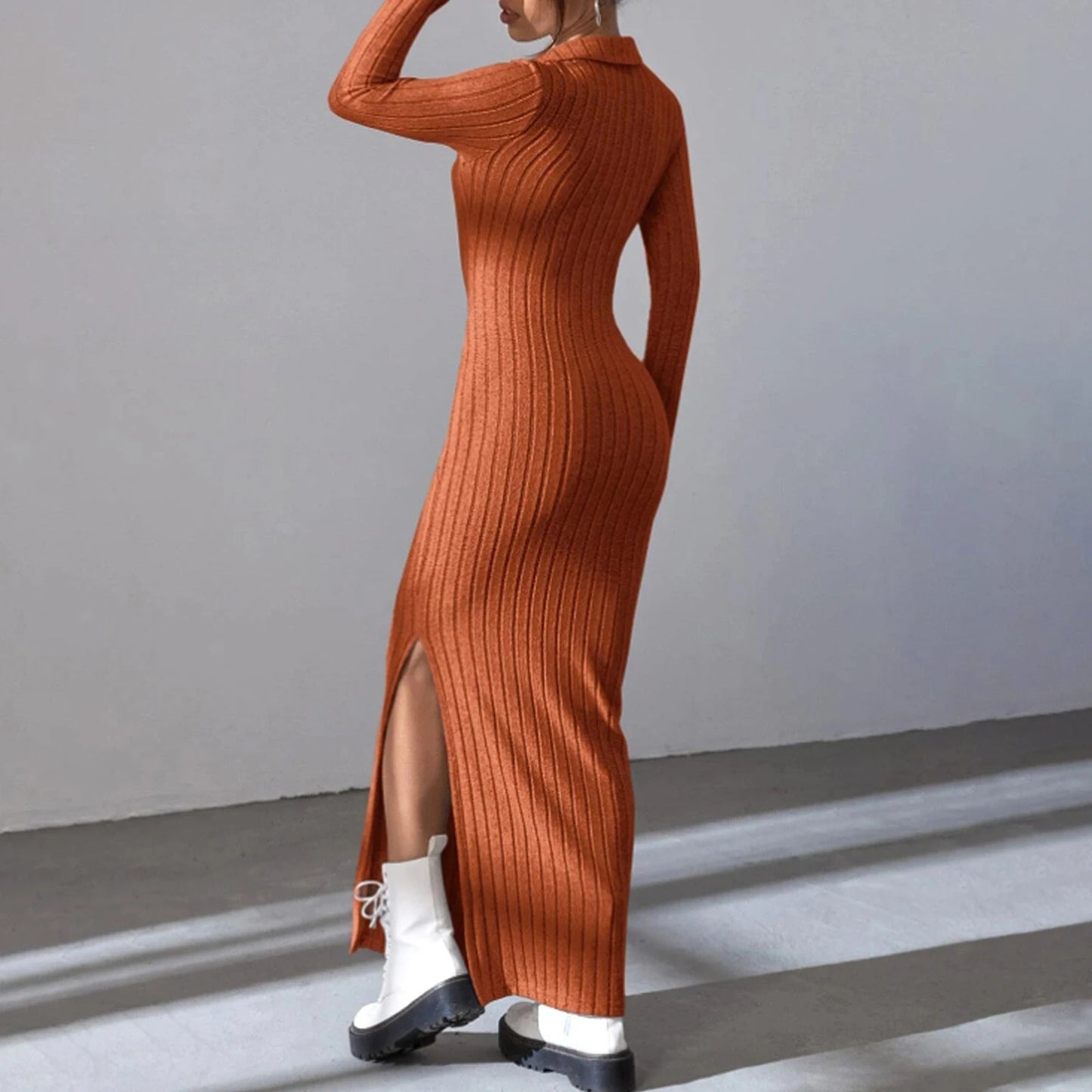 Women's Fall Winter Knitted Dress Long Sleeve Lapel Collar Solid Color Bodycon Long Dress Going Out Dress