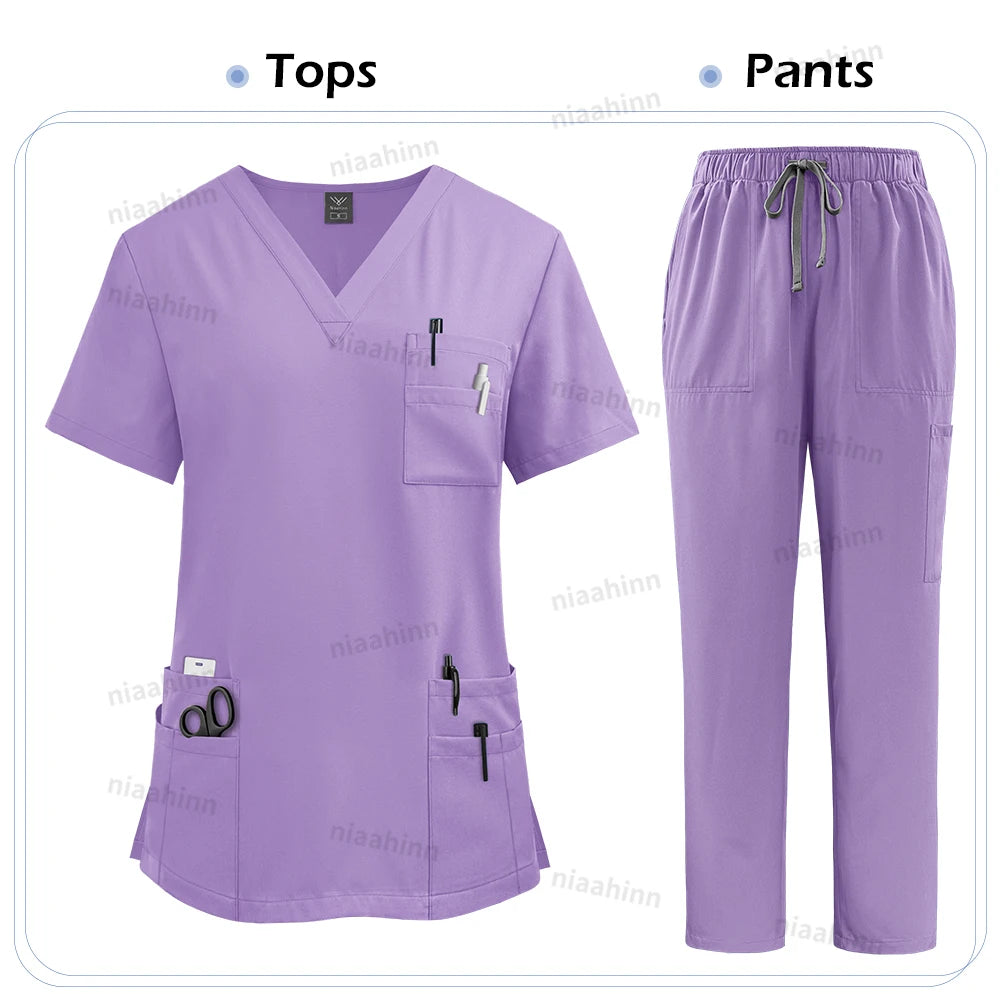 Elastic Scrub Set Operating Room Surgical Uniform Dental Veterinary Work Uniforms V-neck Short Sleeved Tops Pants Suit Wholesale